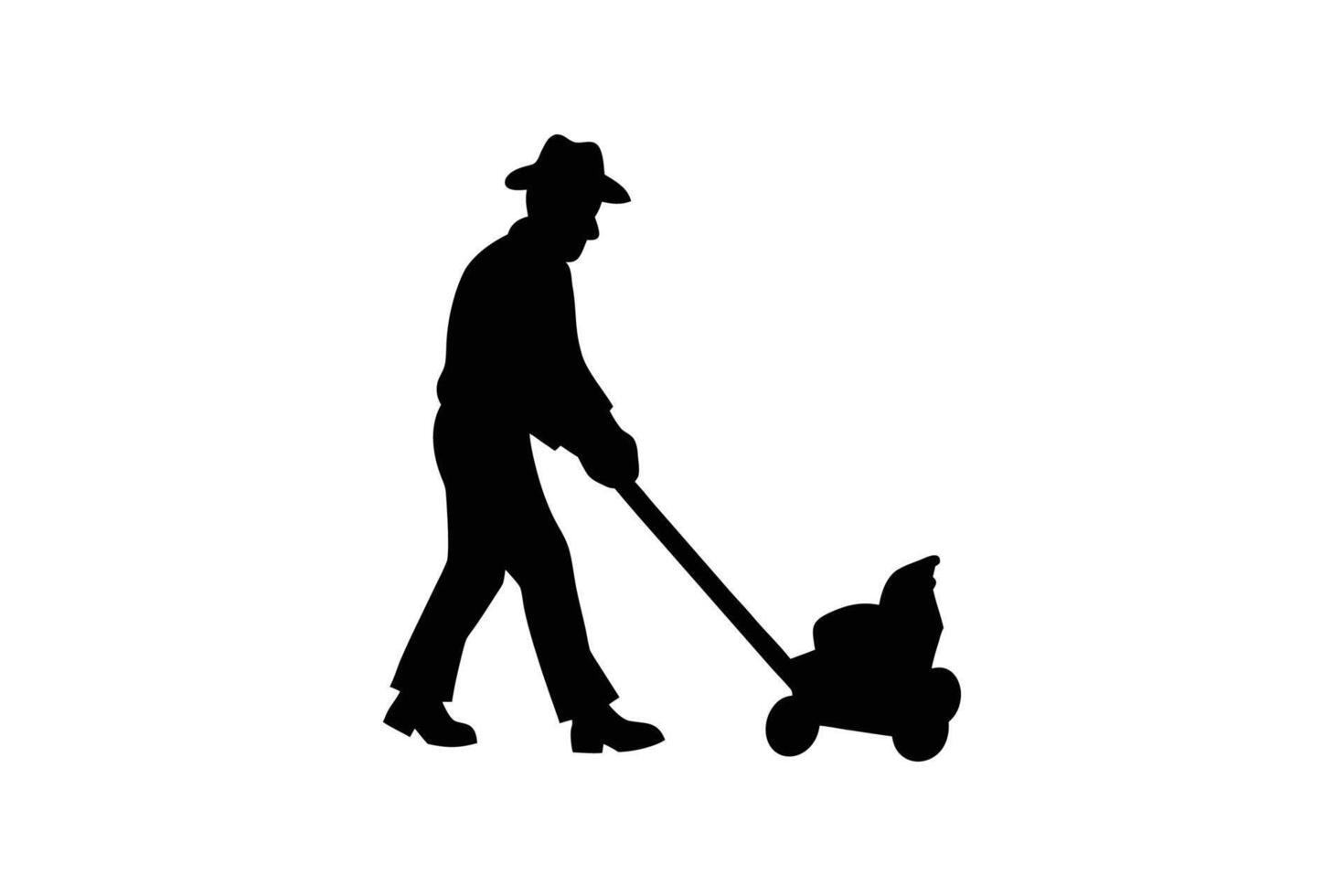 Man in Hat Mowing Lawn Garden Work Lawn Care Silhouette Style Isolated on White Background Black Silhouette vector