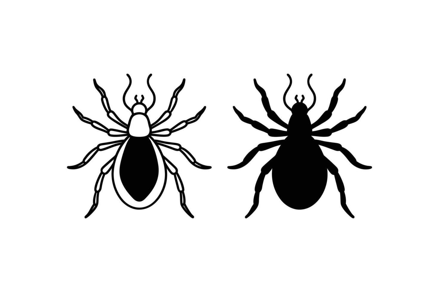Two Tick Illustrations One Outline and One Solid Graphic of Parasitic Arachnids in Black and White silhouette vector