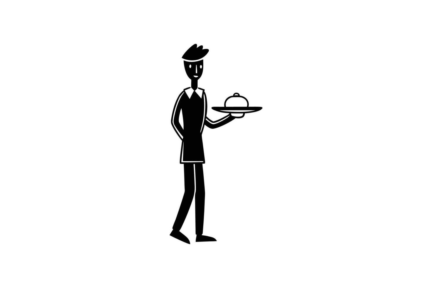 Elegant Waiter Holding Tray with Food Service Silhouette Style Minimalist Black and White Design for Restaurant and Hospitality Concepts silhouette vector