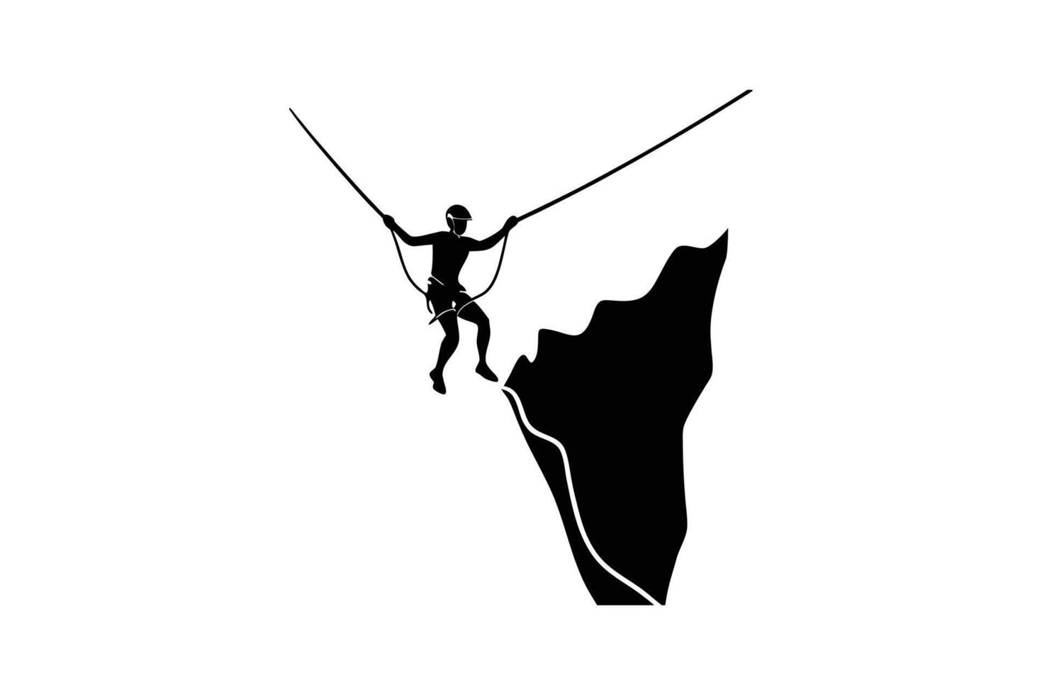 Silhouette of a Rock Climber on a Cliff Edge with Ropes Harness and Helmet Ready to Descend Isolated on White Background silhouette vector