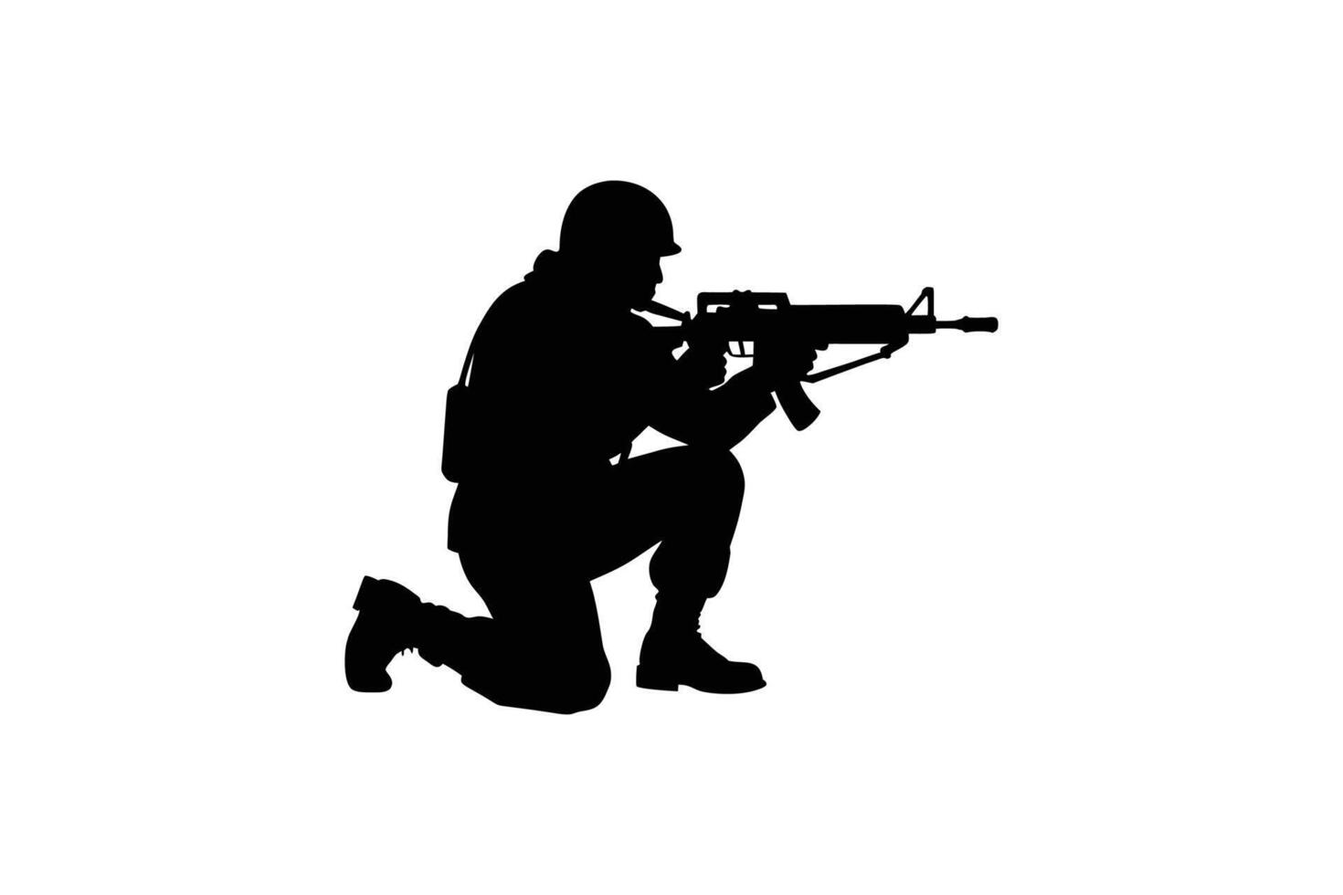 Soldier Kneeling with Rifle Aiming Forward in Black Silhouette Style Against a White Background for Military and Security Concepts silhouette vector