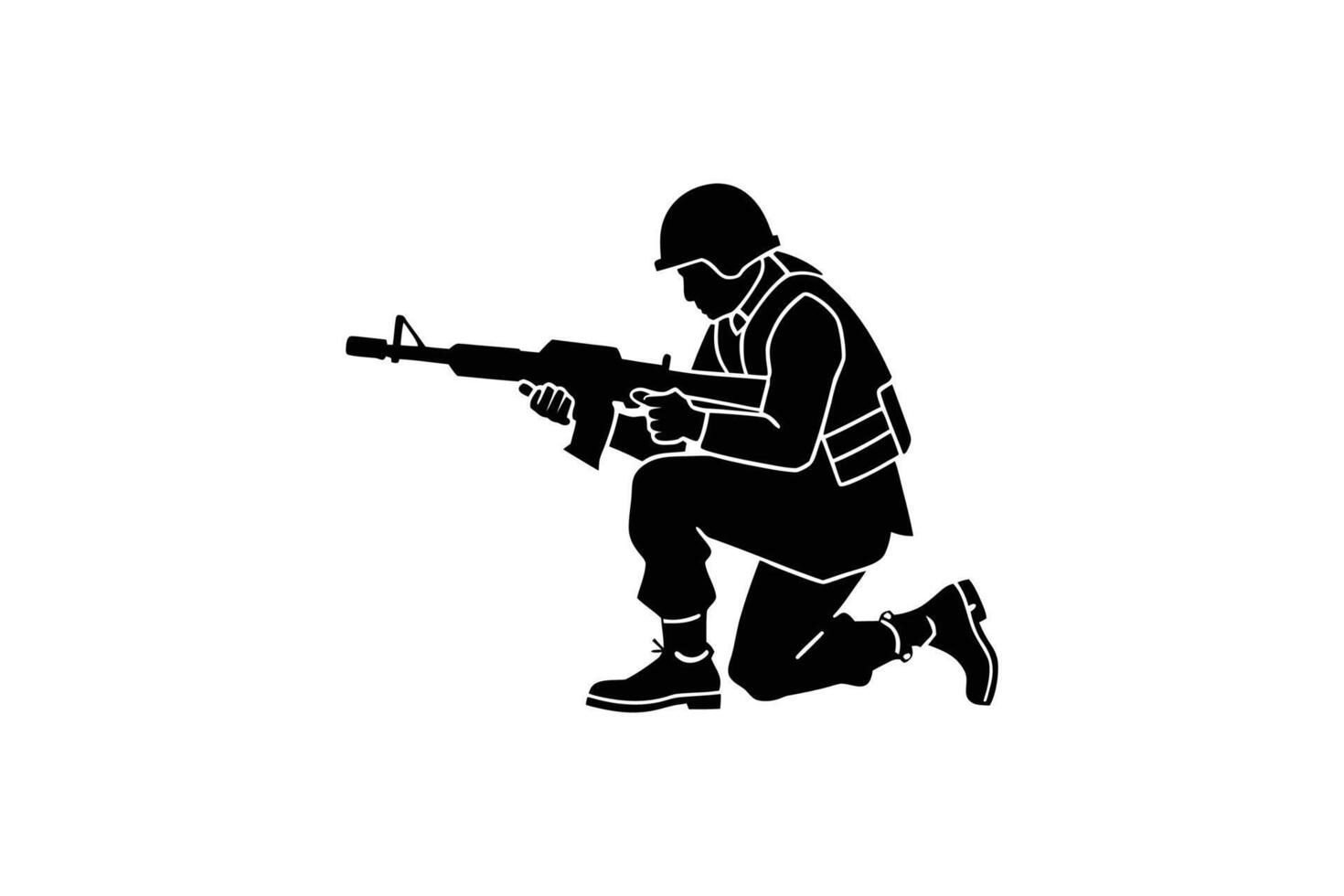 Soldier Kneeling and Aiming Rifle Military Operation Combat Training Black and White Graphic Isolated on White Background Silhouette vector