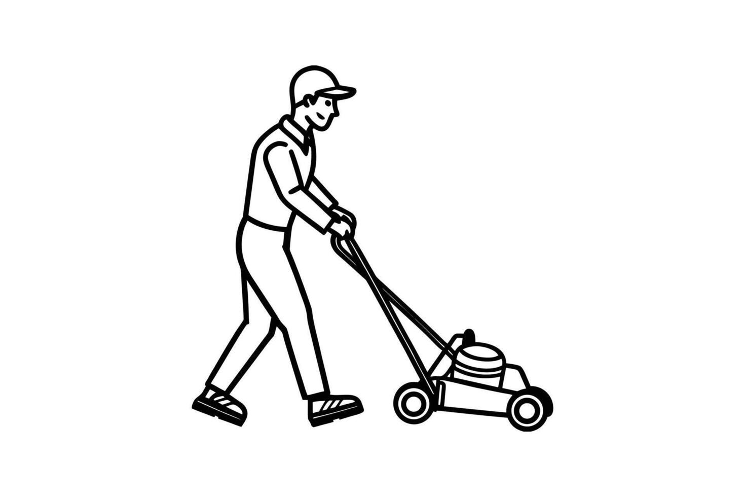 Man Mowing Lawn with Lawn Mower Lawn Care Service Gardening and Yard Work Outline Style Illustration silhouette vector