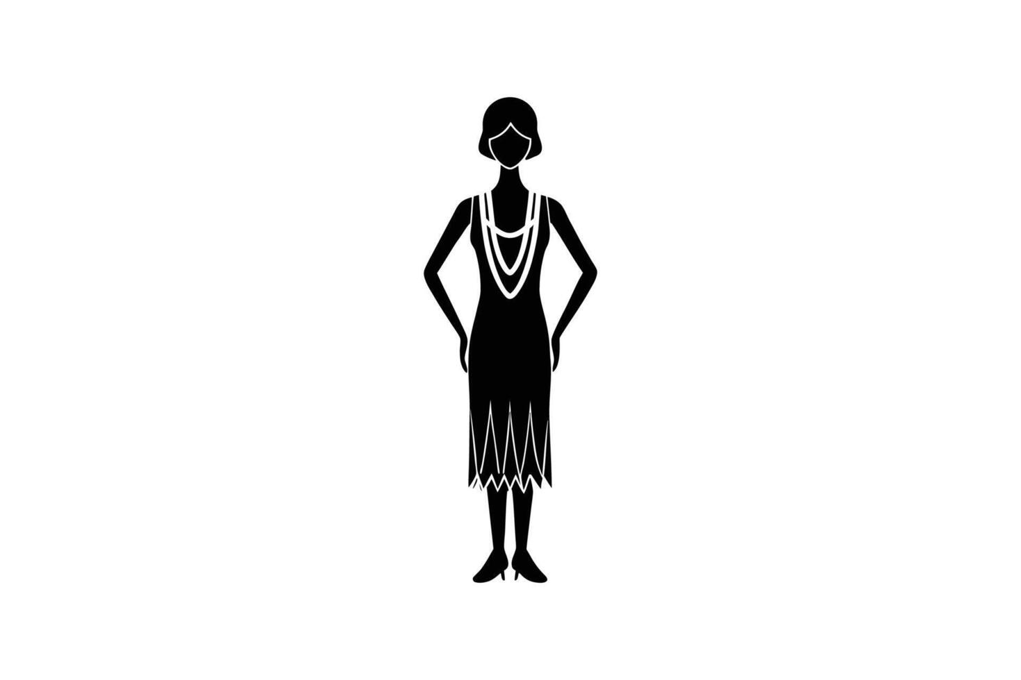 Elegant Flapper Girl in a 1920s Dress Adorned with a Long Pearl Necklace Standing Gracefully in a Classic Silhouette Style Isolated on White Background vector