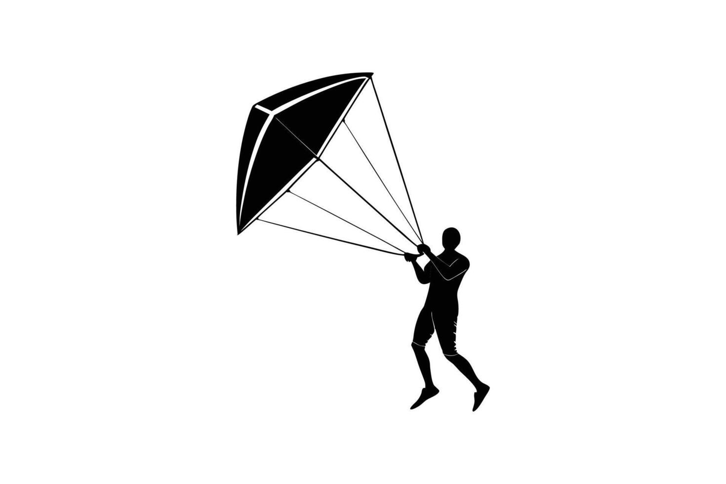 Kitesurfer Holding Kite Ready to Jump in the Air Extreme Sport Activity Black and White Graphic Illustration silhouette vector