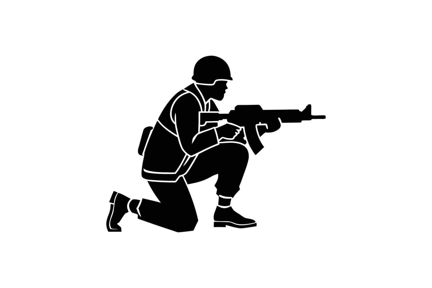 Soldier Kneeling with Rifle Aiming Forward Depicted in a Bold Black Silhouette Style on a White Background silhouette vector