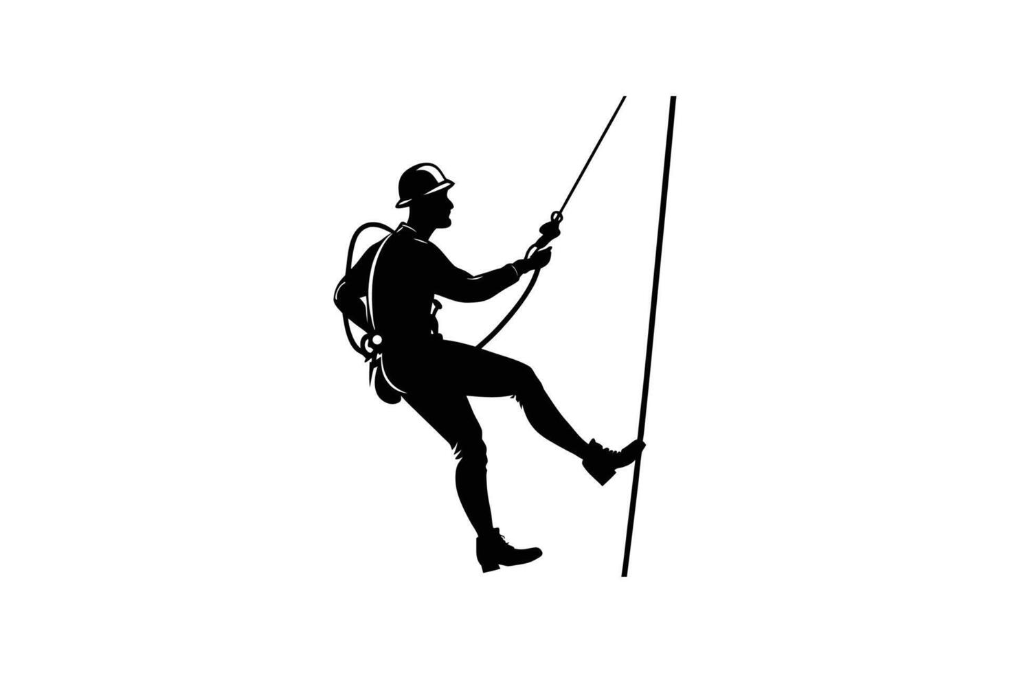Industrial Abseiler at Work A High Rise Technician in Silhouette Suspended by Ropes Wearing Safety Gear and a Hard Hat Featuring a Striking Silhouette vector