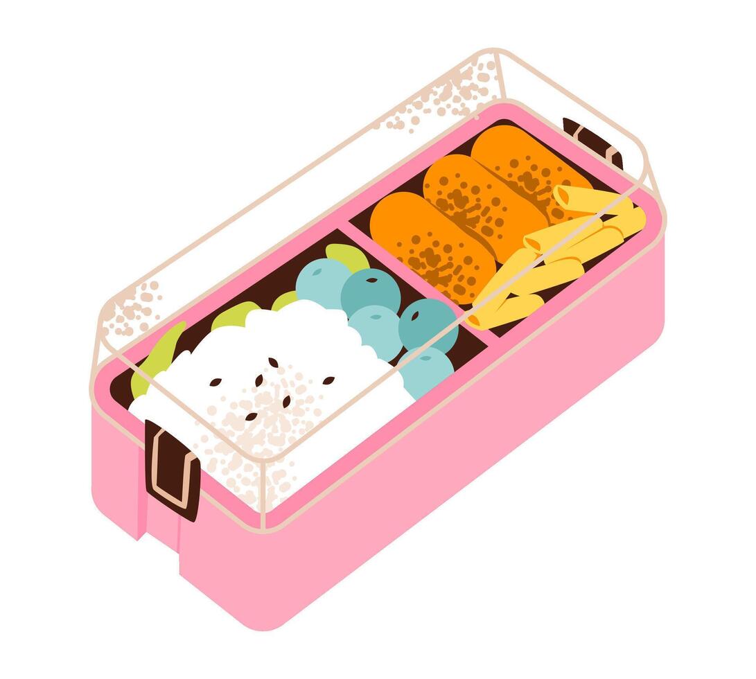 Healthy lunchbox with bento food. Takeaway food in a lunchbox. School meals, kids snacks, zero-waste lifestyle concept. Flat illustration. vector