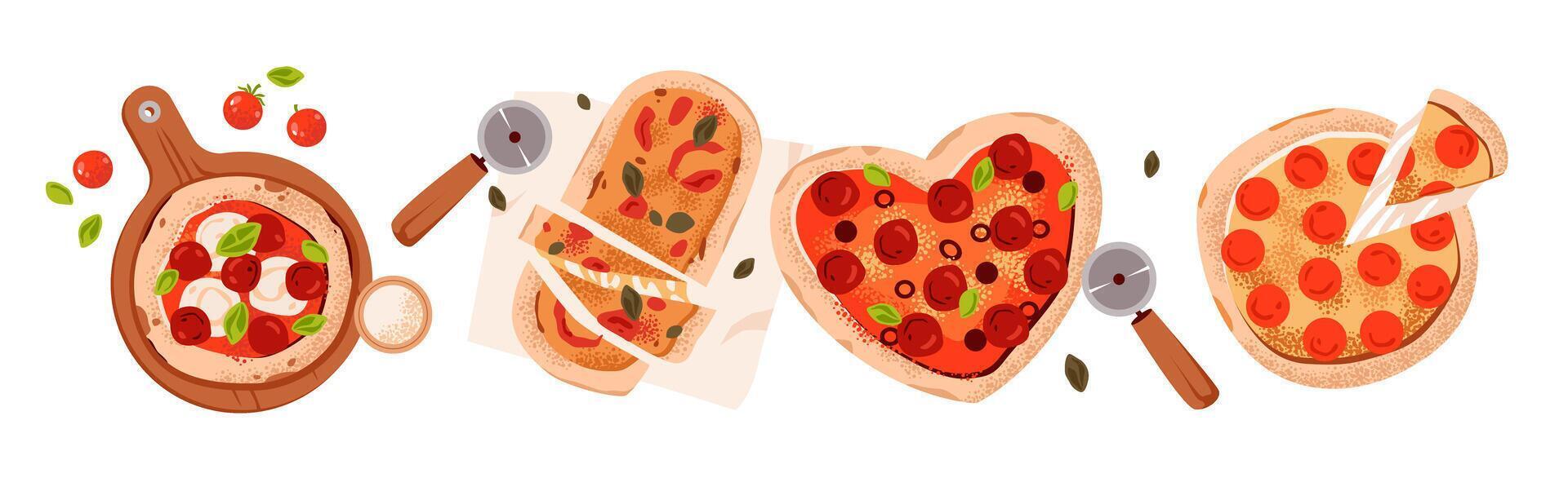 Various pizza styles including heart shaped vector