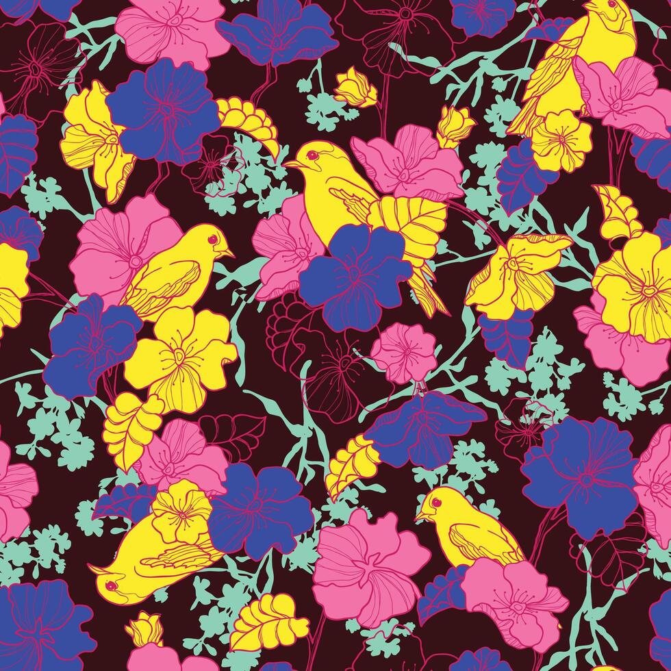 Floral Bird Motif A whimsical illustration with vibrant blooms and avian elements vector