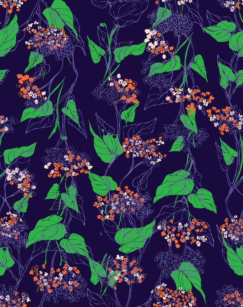 Floral Vines on Dark Blue Botanical Illustration vector