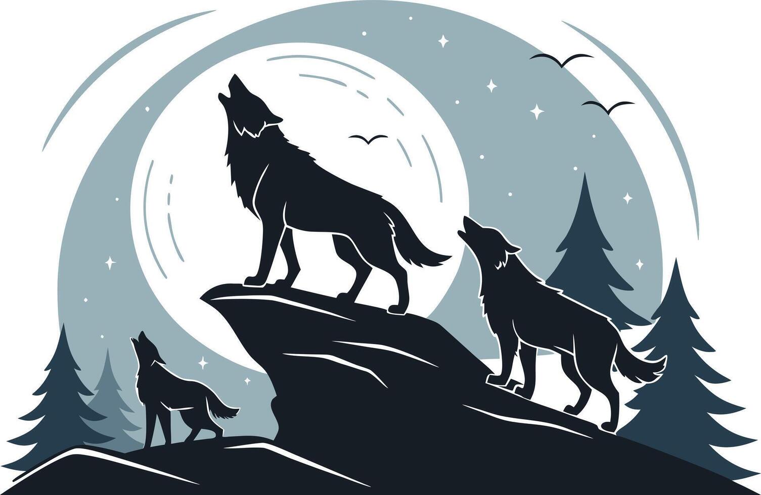 Wolves Howling on Cliff Black Silhouette Halloween Scene vector