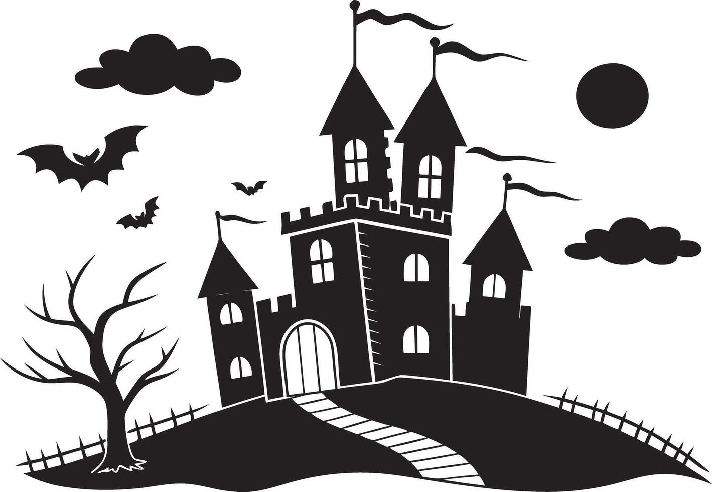 Haunted Castle with Bats and Clouds Black Silhouette vector