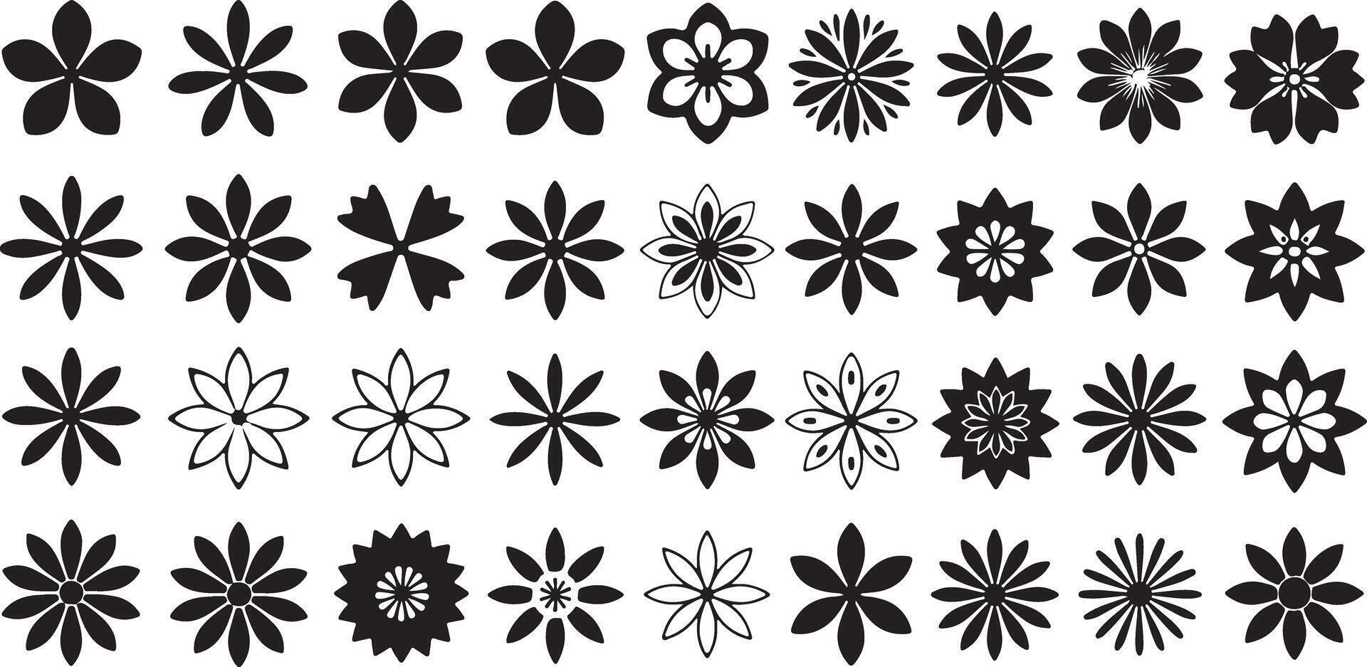 Thirty Six Black and White Flower Silhouettes Diverse Floral Designs Simple Geometric Shapes Monochrome Botanical Elements Traced Illustrations vector
