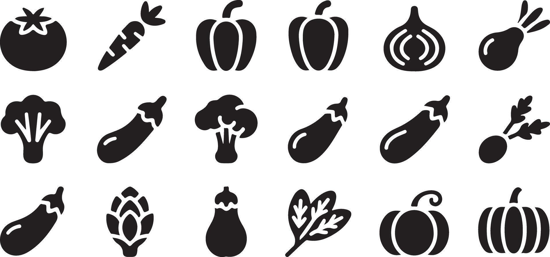 Black and White Vegetable Icon Set Glyph Pictograms featuring Tomato Carrot Bell Pepper Onion Turnip Broccoli Eggplant Parsley Artichoke Pumpkin Radish vector