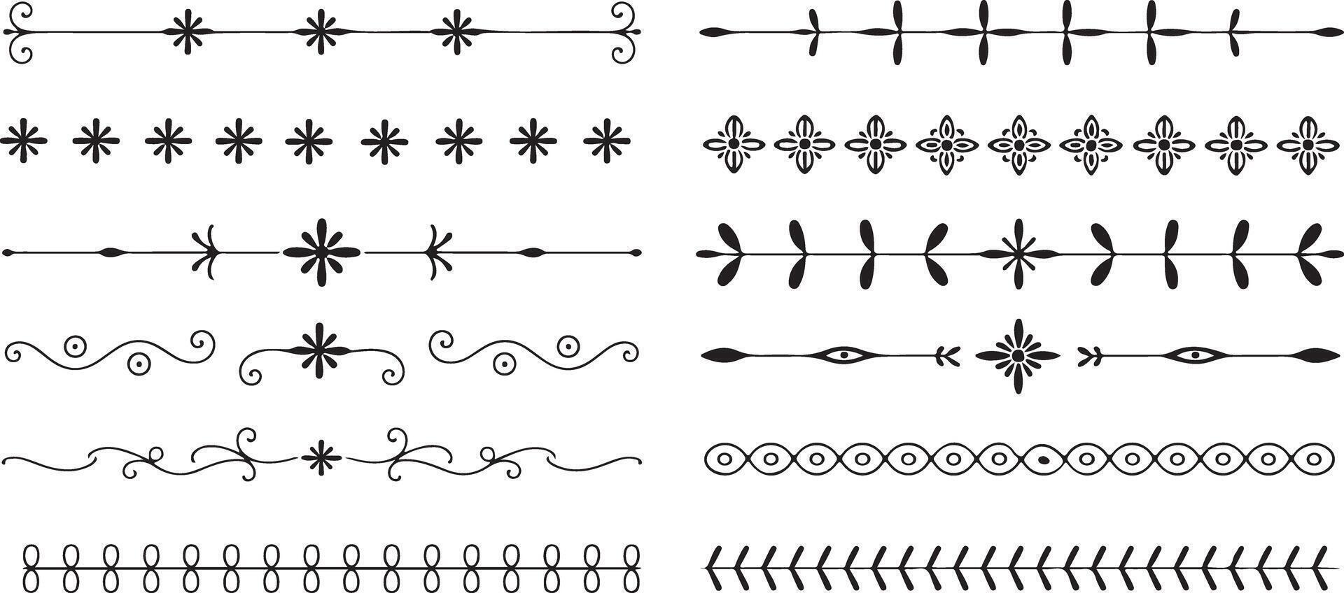 Ten Black Silhouette Decorative Borders Set Floral Swirls Leaves Flowers Geometric Shapes Hand Drawn Style Page Dividers Design Elements vector