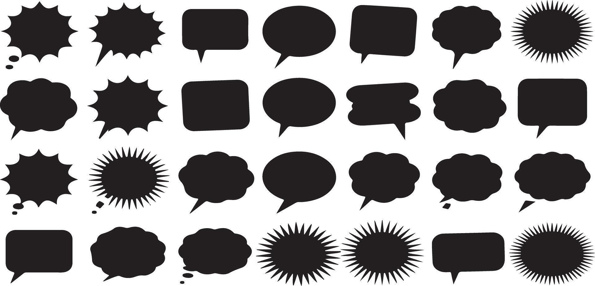 Collection of Thirty Six Black Silhouette Speech Bubbles Various Shapes and Sizes Blank Text Boxes Comic Book Style Design Elements vector