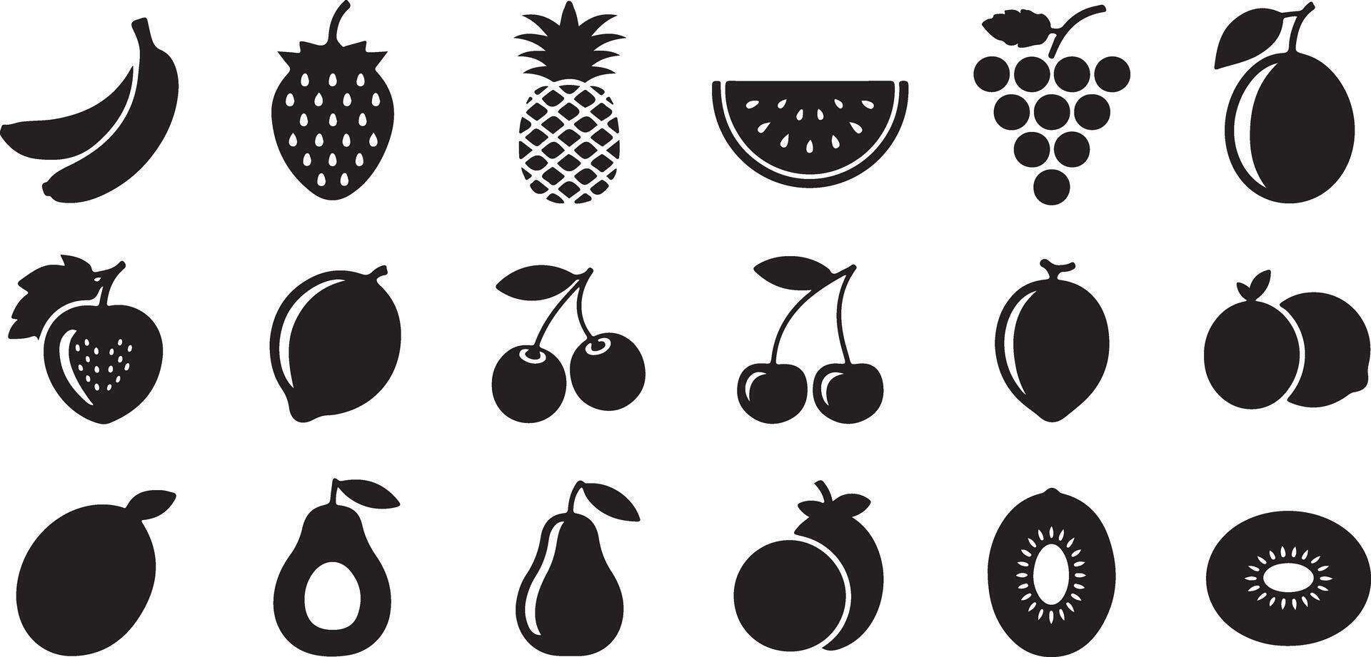 Black and White Glyph Icon Set of Various Fruits Including Bananas Strawberries Pineapple Watermelon Grapes Plums Cherries Lemons Avocados Pears and Kiwis vector