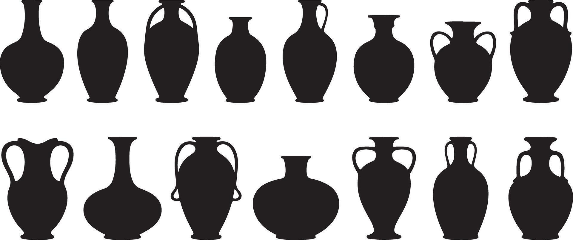 Collection of Black Silhouette Vases Amphoras and Jugs Various Shapes and Sizes Illustration vector