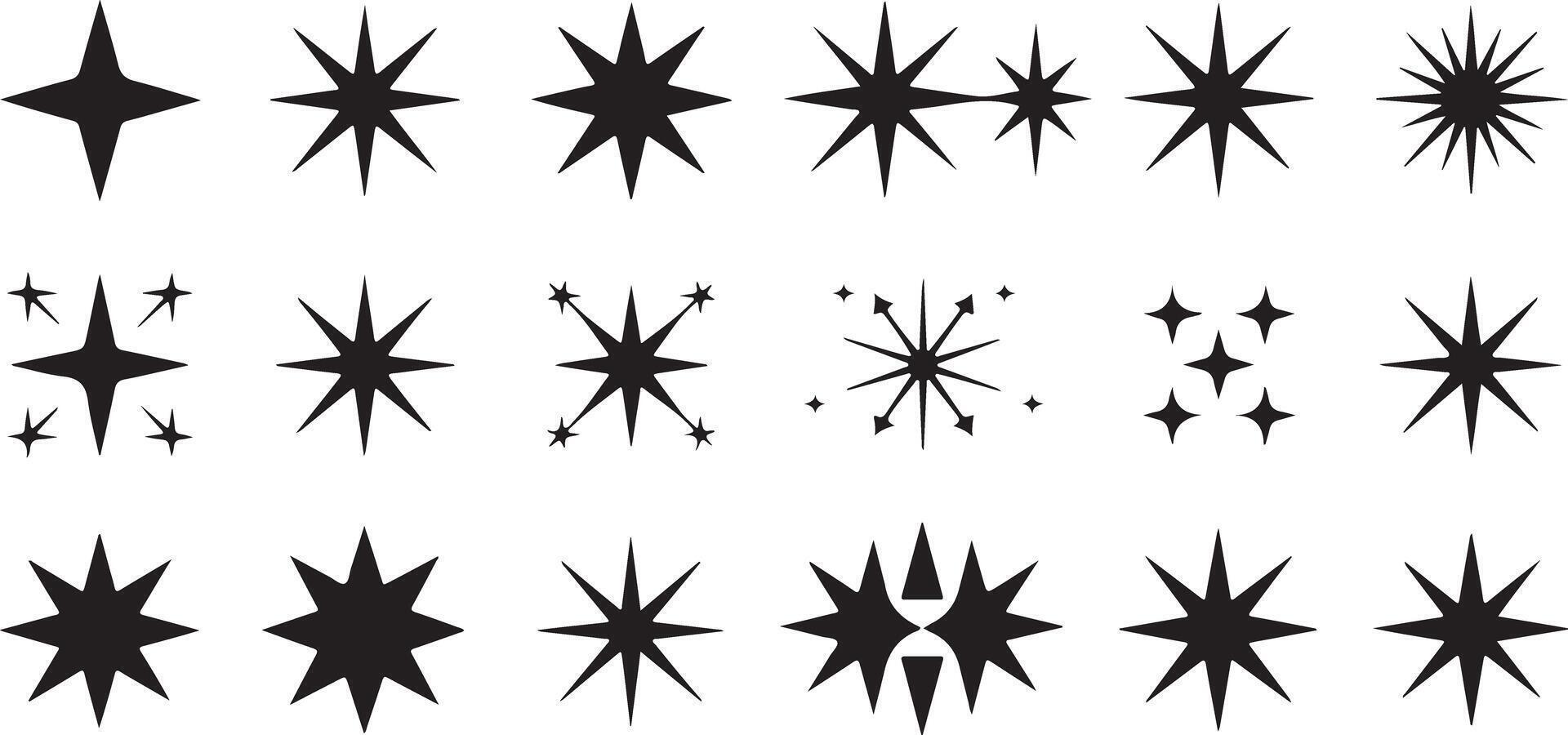 Collection of Twenty Black Starburst and Star Silhouettes Graphics Various Shapes and Sizes Simple Geometric Design Elements Isolated on White vector