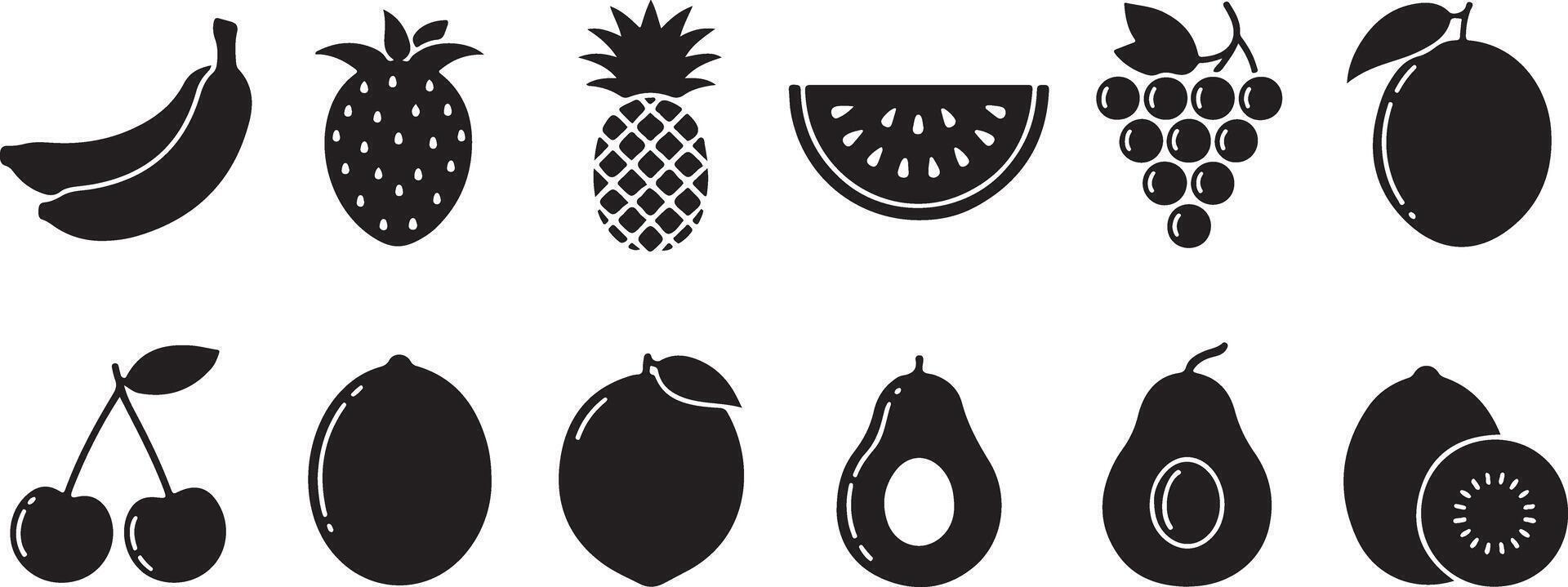 Black and White Glyph Icon Set of Various Fruits Including Bananas Pineapple Strawberry Watermelon Grapes Plum Cherries Lemon Lime Avocado and Kiwi vector