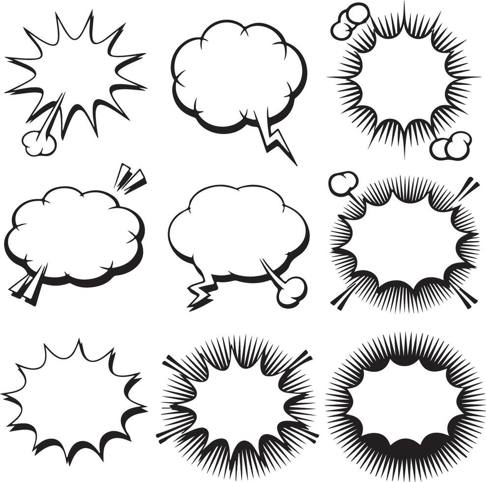 Twelve Black and White Comic Book Style Speech Bubbles and Explosion Shapes Graphic Design Elements for Text and Dialogue vector