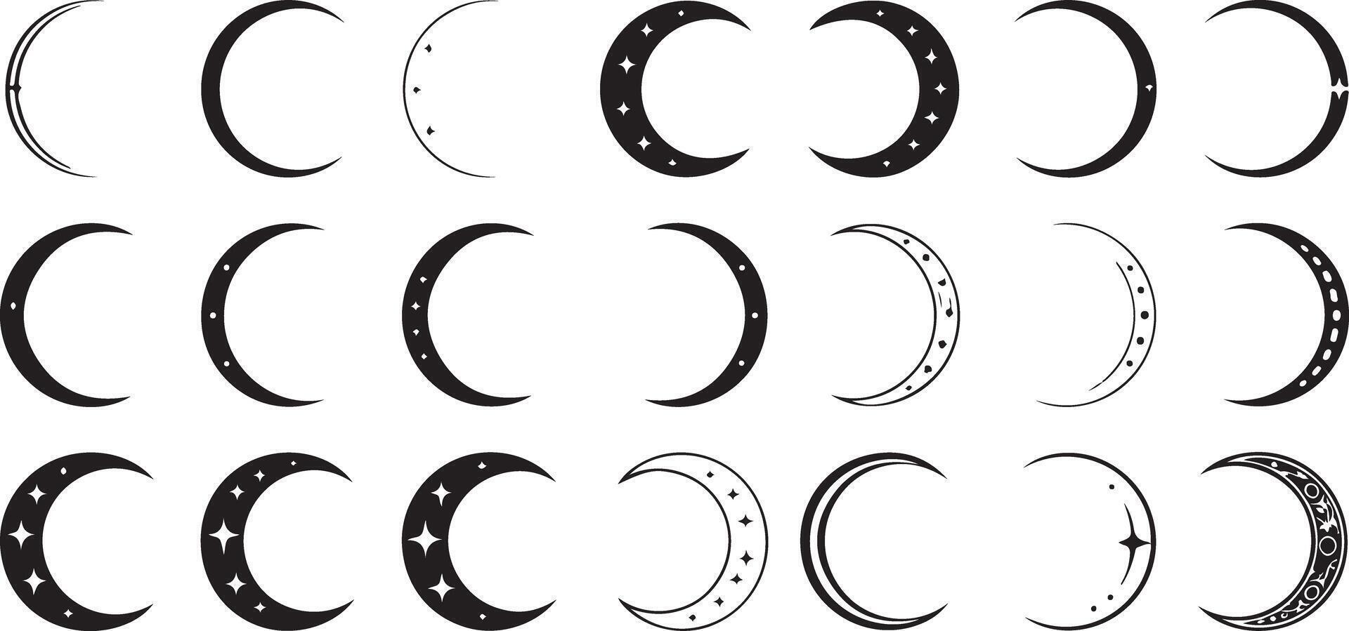 Collection of Twenty Four Black Crescent Moon Silhouettes with Variations in Style and Star Detailing Some with Ornate Decorative Elements vector