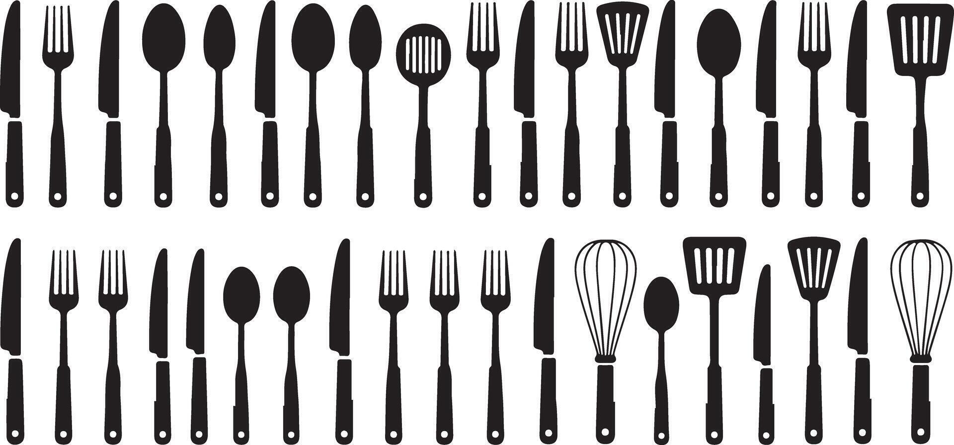Black and White Traced Silhouettes of Kitchen Utensils Including Forks Spoons Knives Spatulas and a Whisk Arranged in Rows on a White Background vector