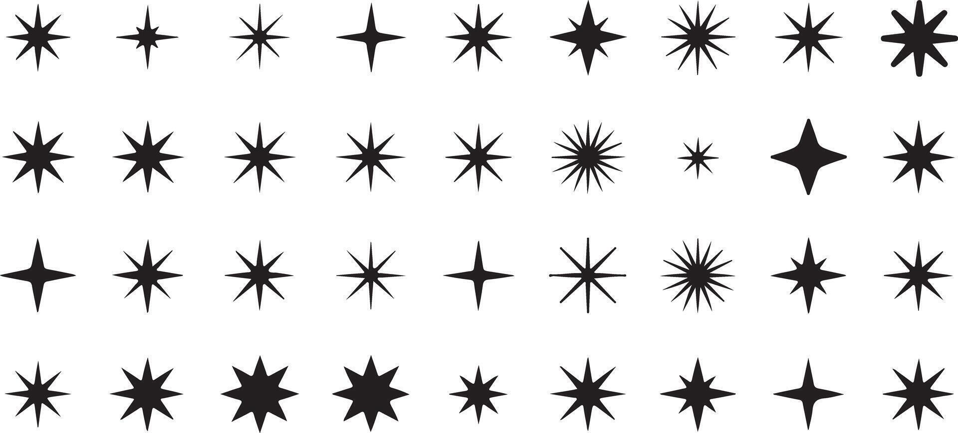 Collection of Thirty Six Black Starburst Silhouettes Graphics Various Sizes and Point Counts Simple Geometric Shapes Isolated on White Background vector