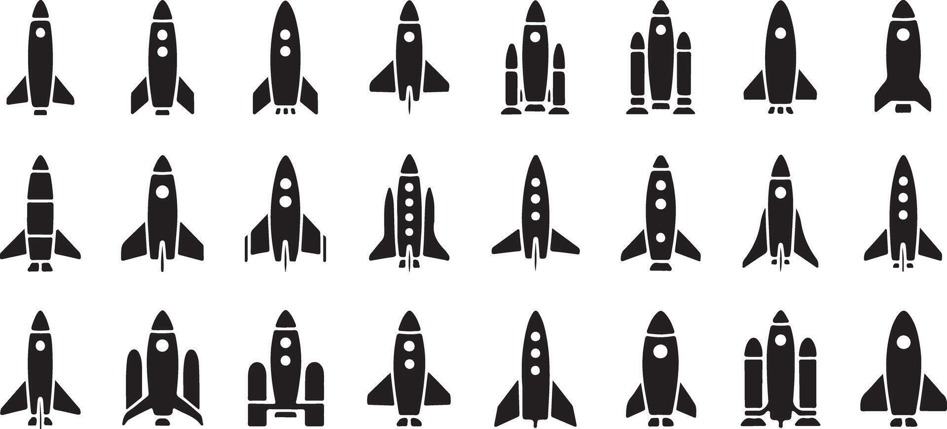 Collection of Twenty Four Black Silhouette Rocket Ship Icons Graphics Spacecraft Launch Exploration Travel Startup vector