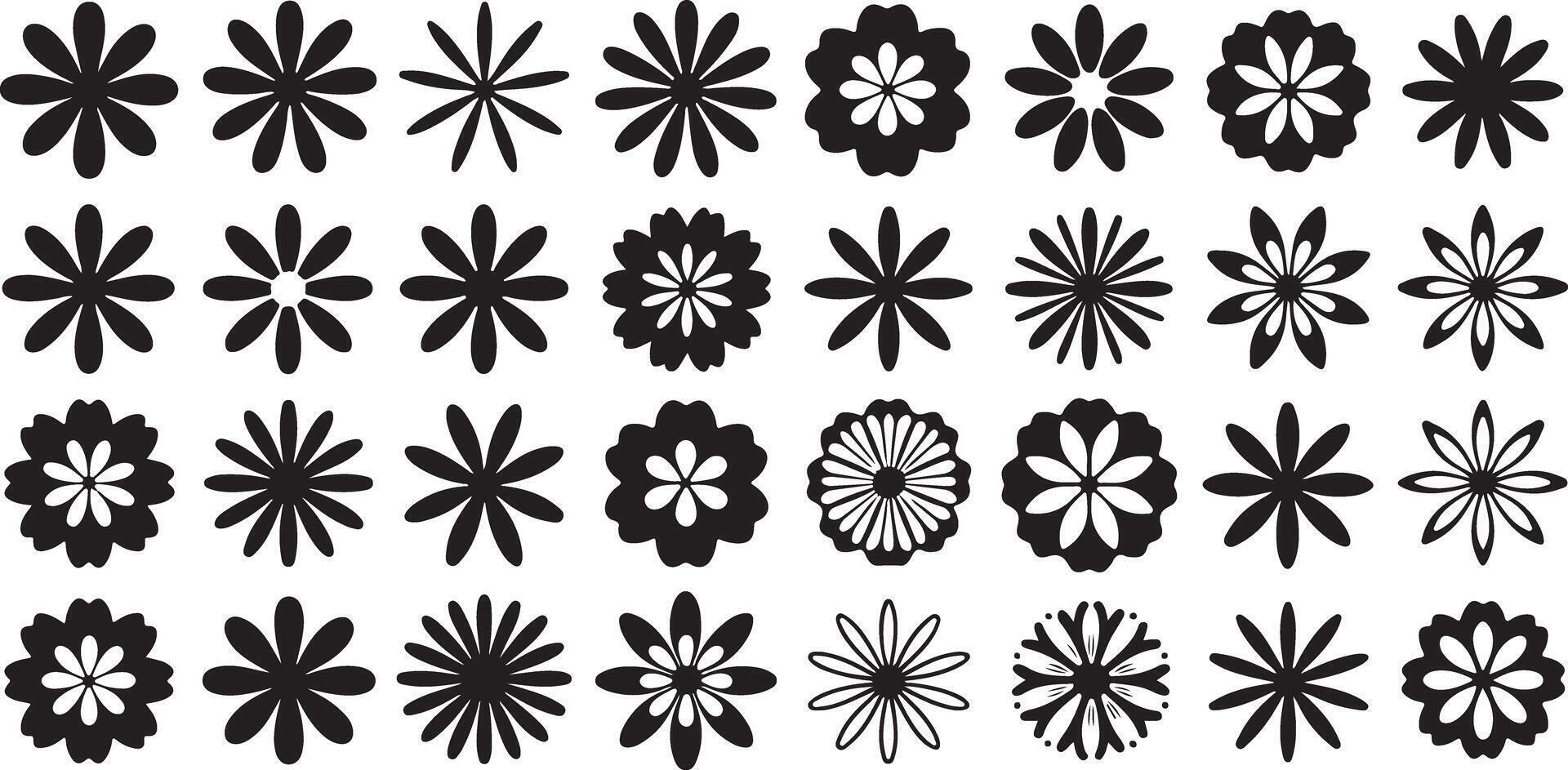 Thirty Six Black and White Stylized Flower Designs Set Graphic Floral Elements Collection Simple Monochrome Floral Patterns Various Shapes and vector