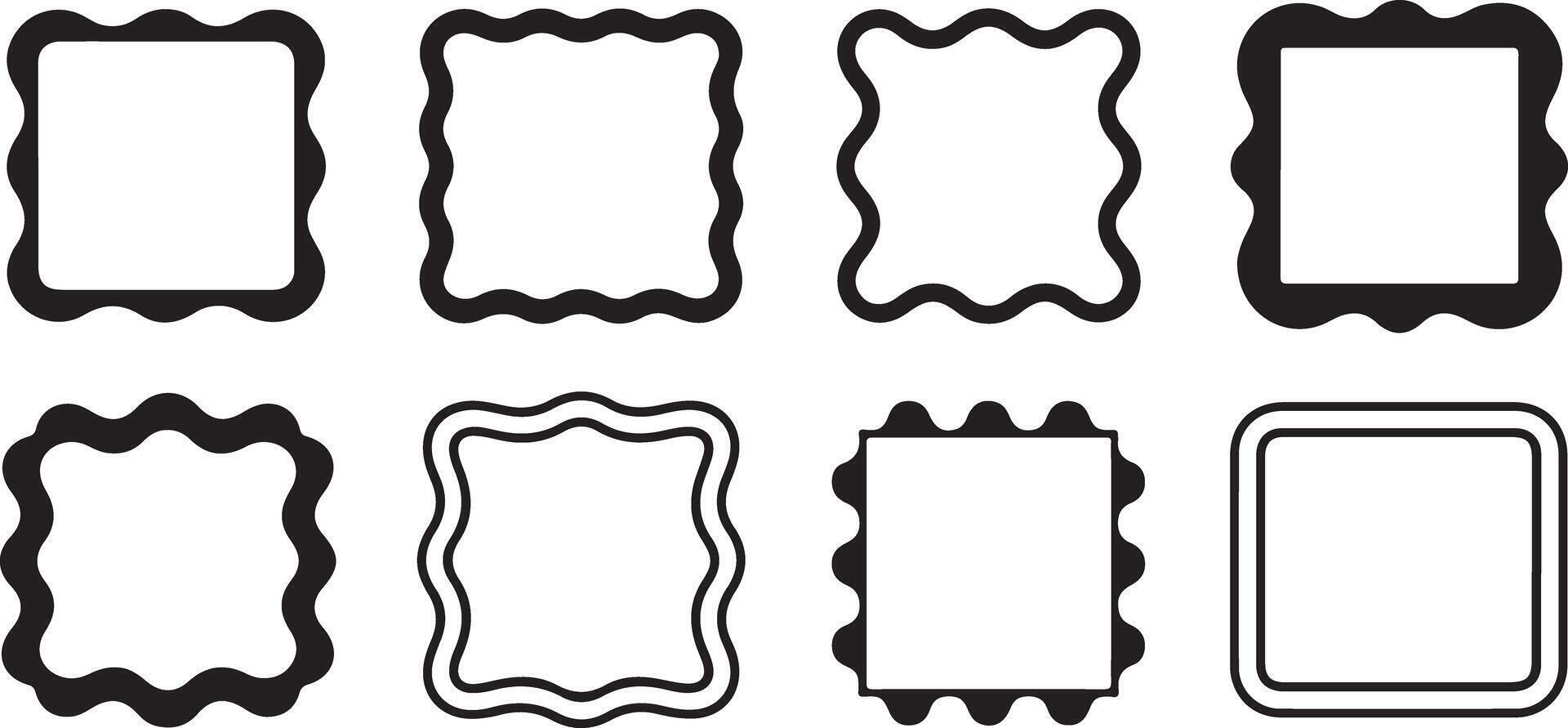 Eight Black Rectangular Frames with Wavy Edges Set of Decorative Borders Blank Templates for Text or Images Simple Geometric Shapes Isolated on White vector