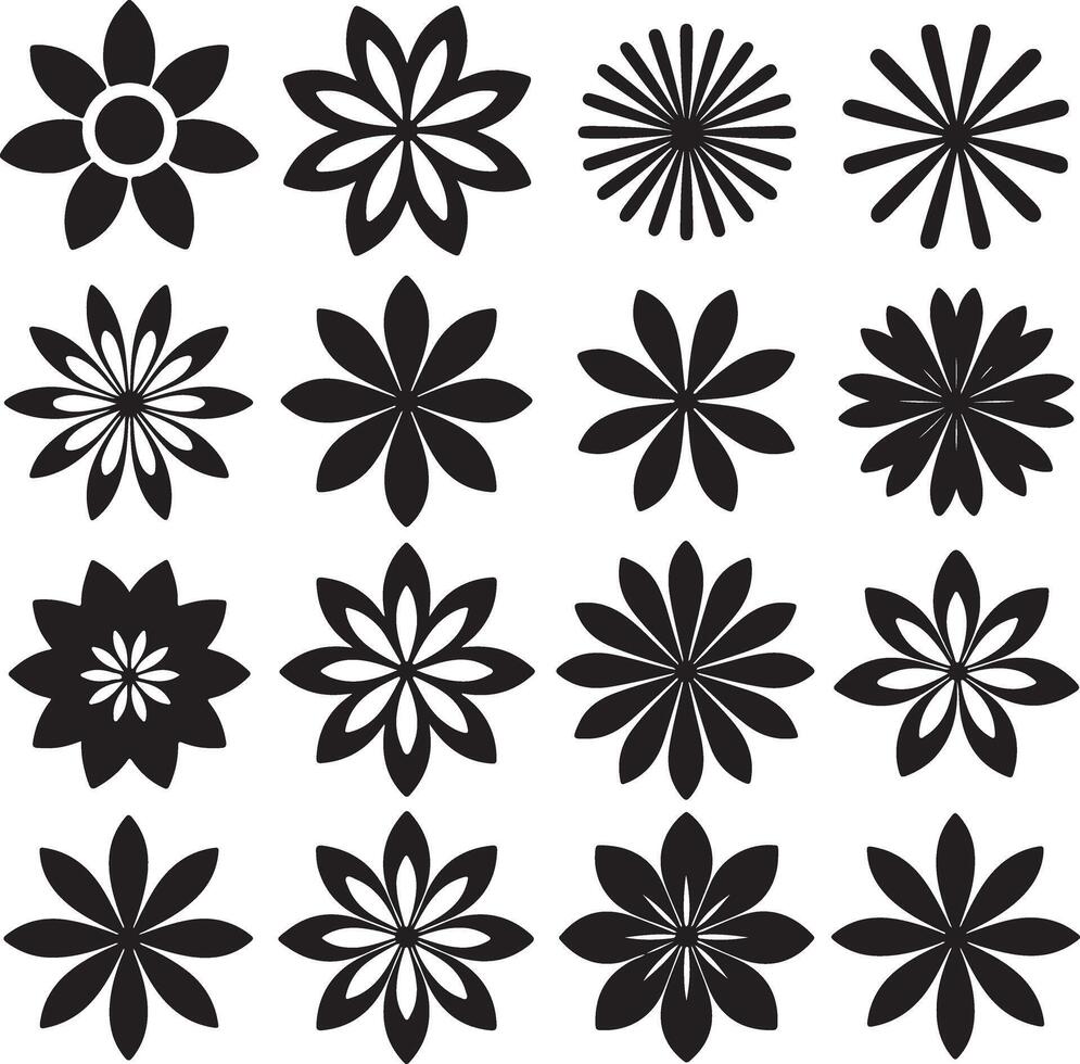 Sixteen Black and White Floral Icons Set Geometric Flower Designs Simple Flat Style Graphic Elements for Branding Decoration and Web Design vector