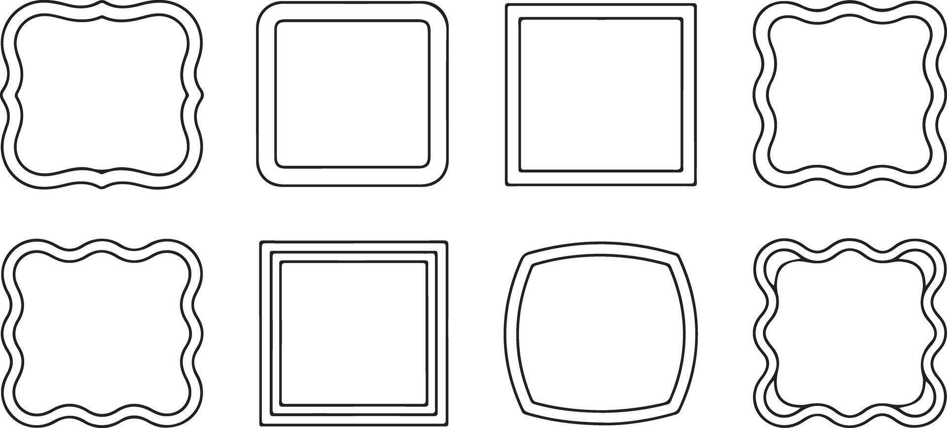 Eight Black Outline Rectangle Frames with Wavy and Straight Edges Set Isolated on White Background Simple Geometric Shapes Collection for Design Templates vector