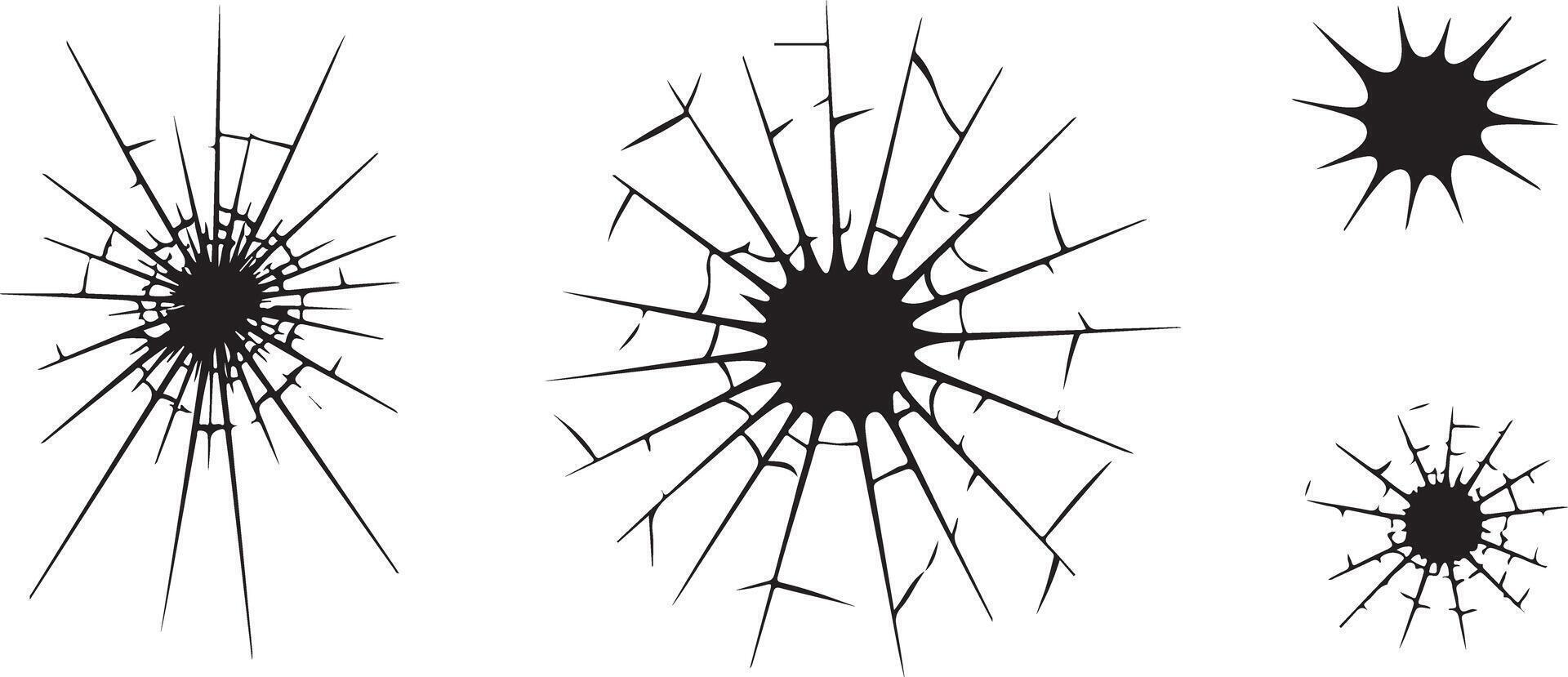 Black Silhouettes of Four Broken Glass Windows Showing Cracks and Shattered Pieces Radiating from Central Holes Different Sizes and Irregular vector