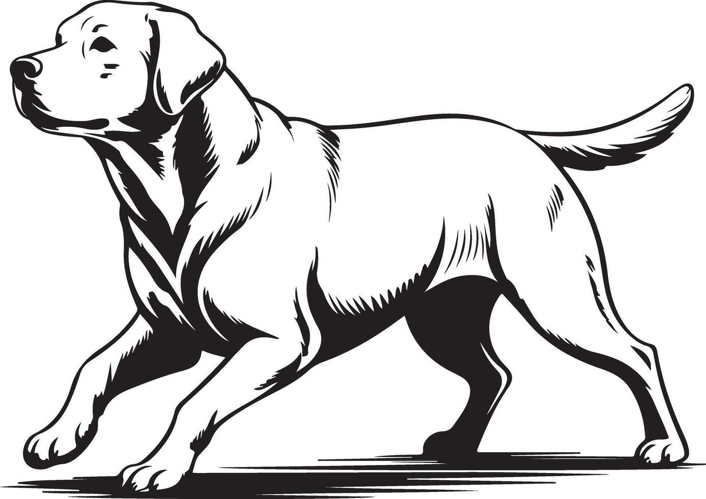 Black and White Illustration of a Labrador Retriever Dog in Motion Trotting Side Profile View Monochrome Canine Graphic vector