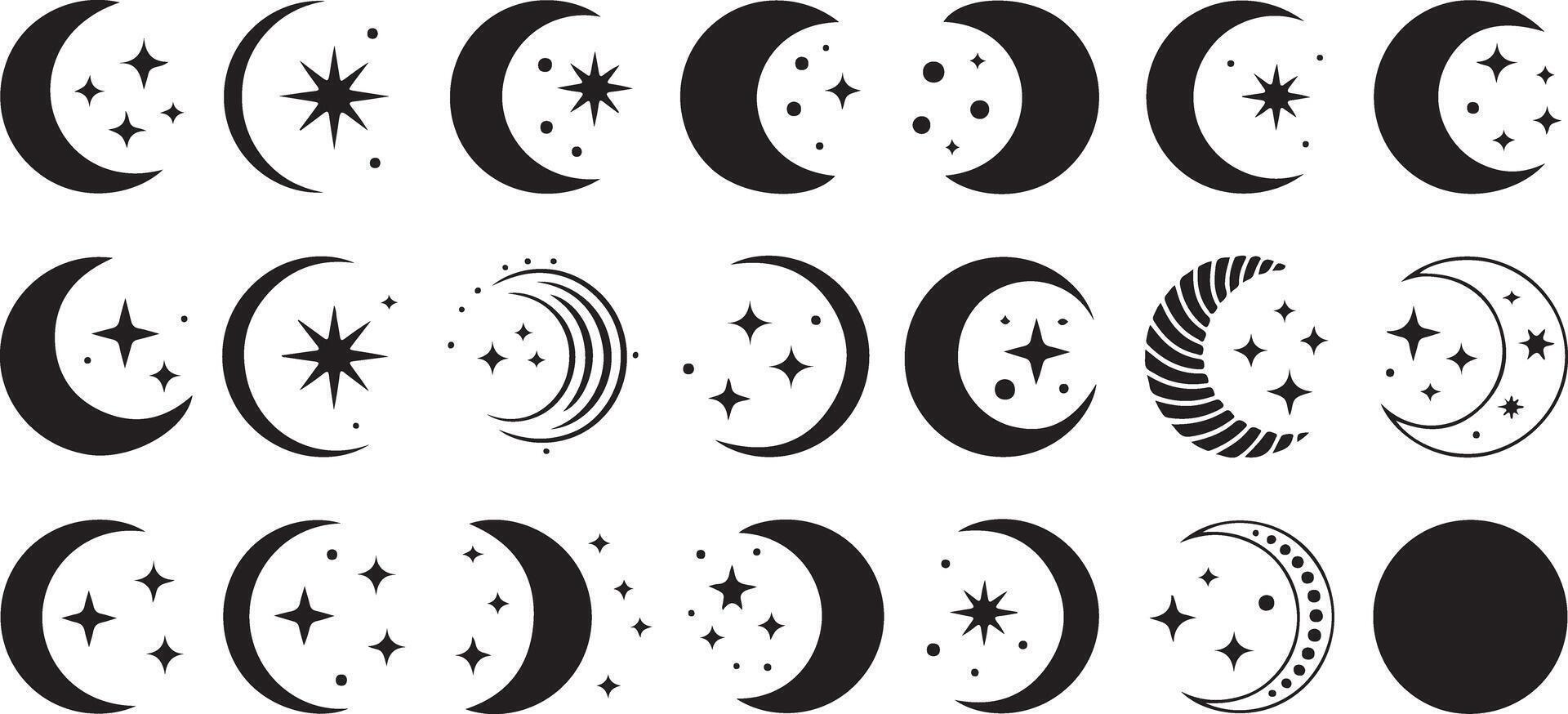 Silhouette Collection of Crescent Moons Stars Celestial Night Sky Symbols Black and White Graphic Design Elements vector