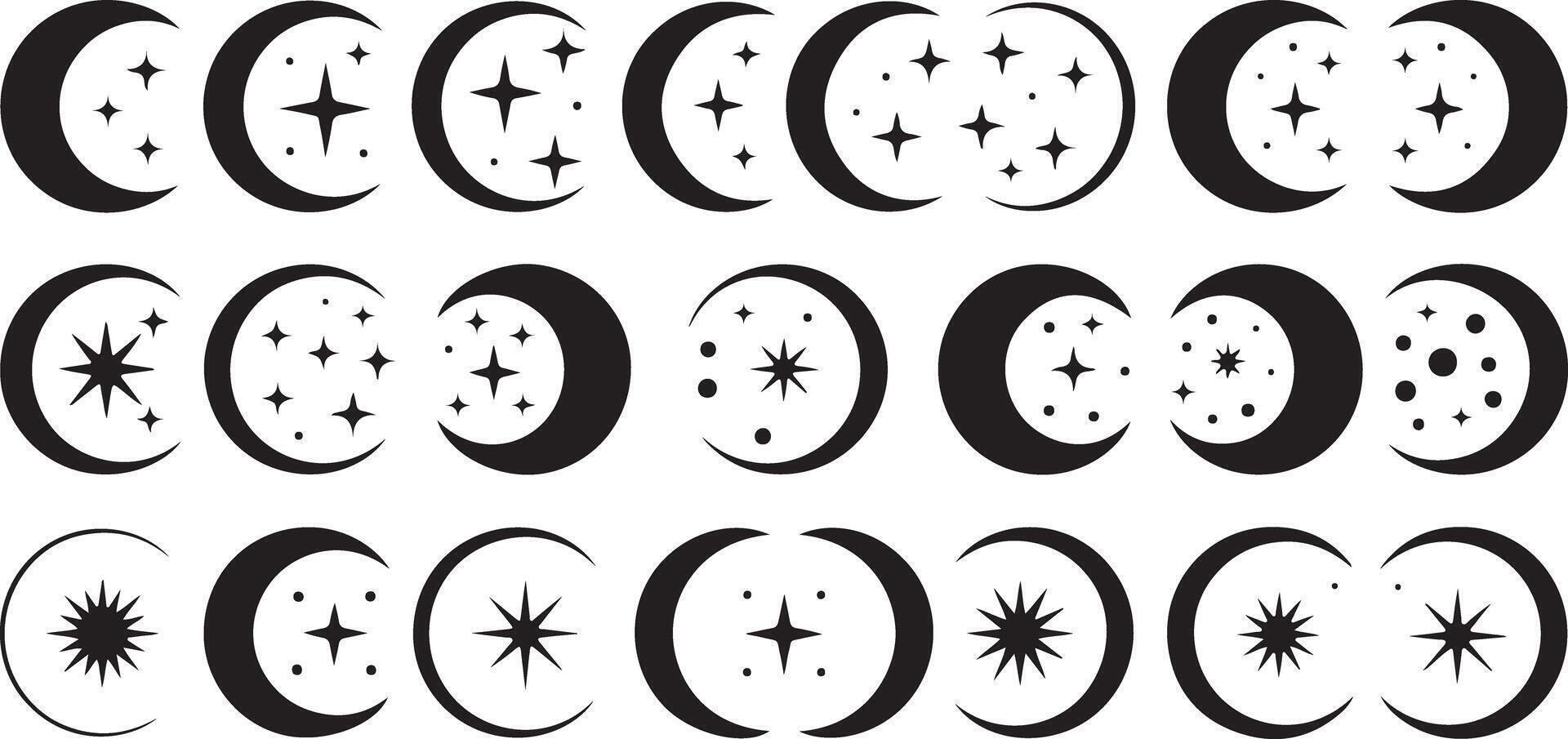 Collection of twentyfour black crescent moon silhouettes with varying star patterns inside and outside each moon graphic design elements vector