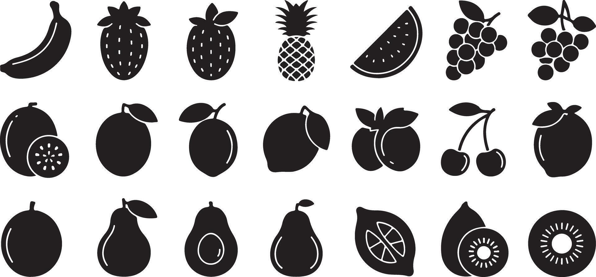 Black and White Glyph Icon Set of Various Fruits Including Banana Strawberry Pineapple Watermelon Grapes Cherries Lemon Lime Avocado Kiwi and More vector