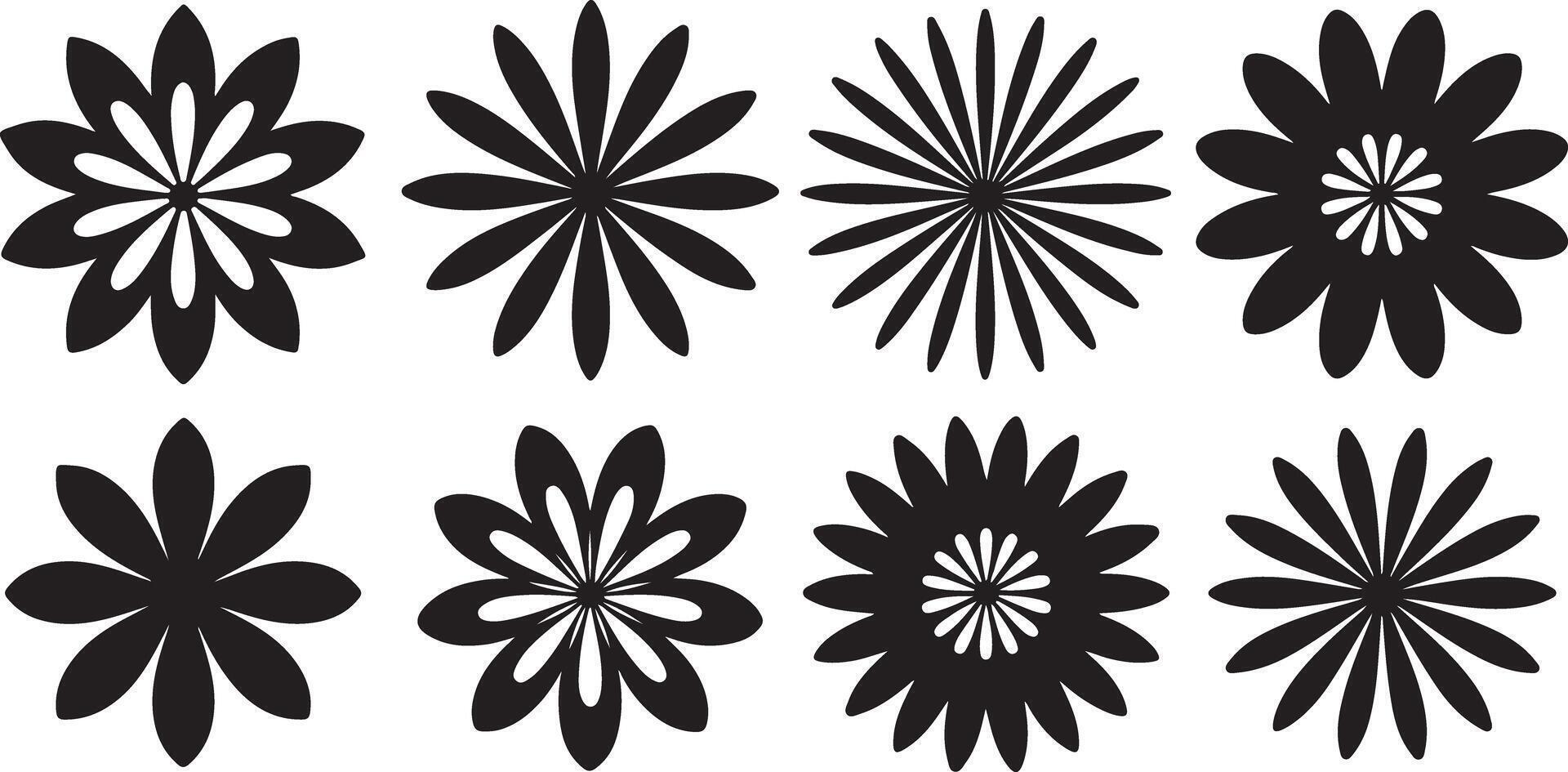 Eight Black and White Floral Designs Set Traced Graphics Simple Flower Shapes Monochrome Botanical Elements Geometric Flower Illustrations vector
