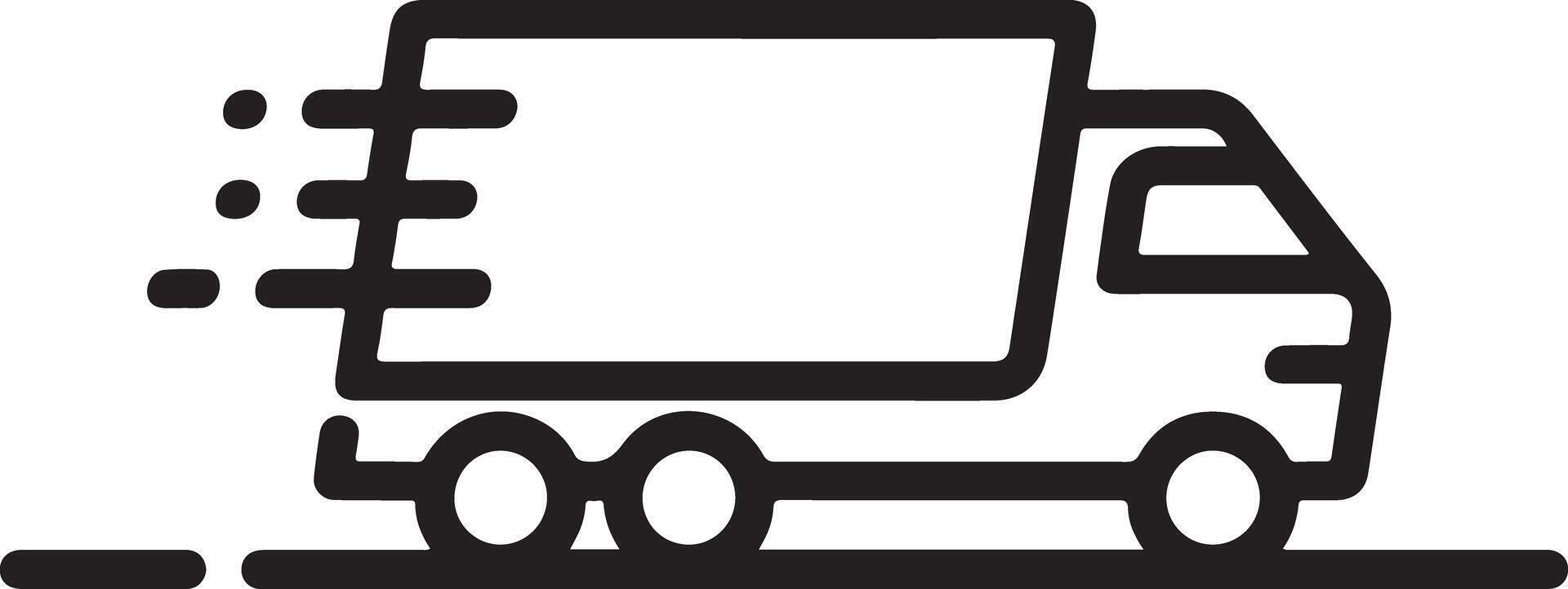 Black and white illustration of a fast moving delivery truck speeding along a road indicated by a simple black line at the bottom the truck is vector