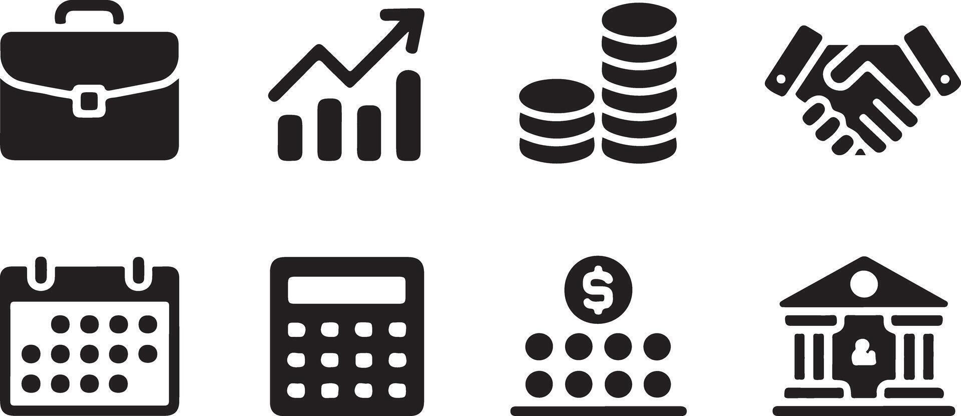 Eight Black Glyph Icons Depicting Business Finance Concepts Including Briefcase Growth Chart Coin Stacks Handshake Calendar Calculator Money Bank Building vector