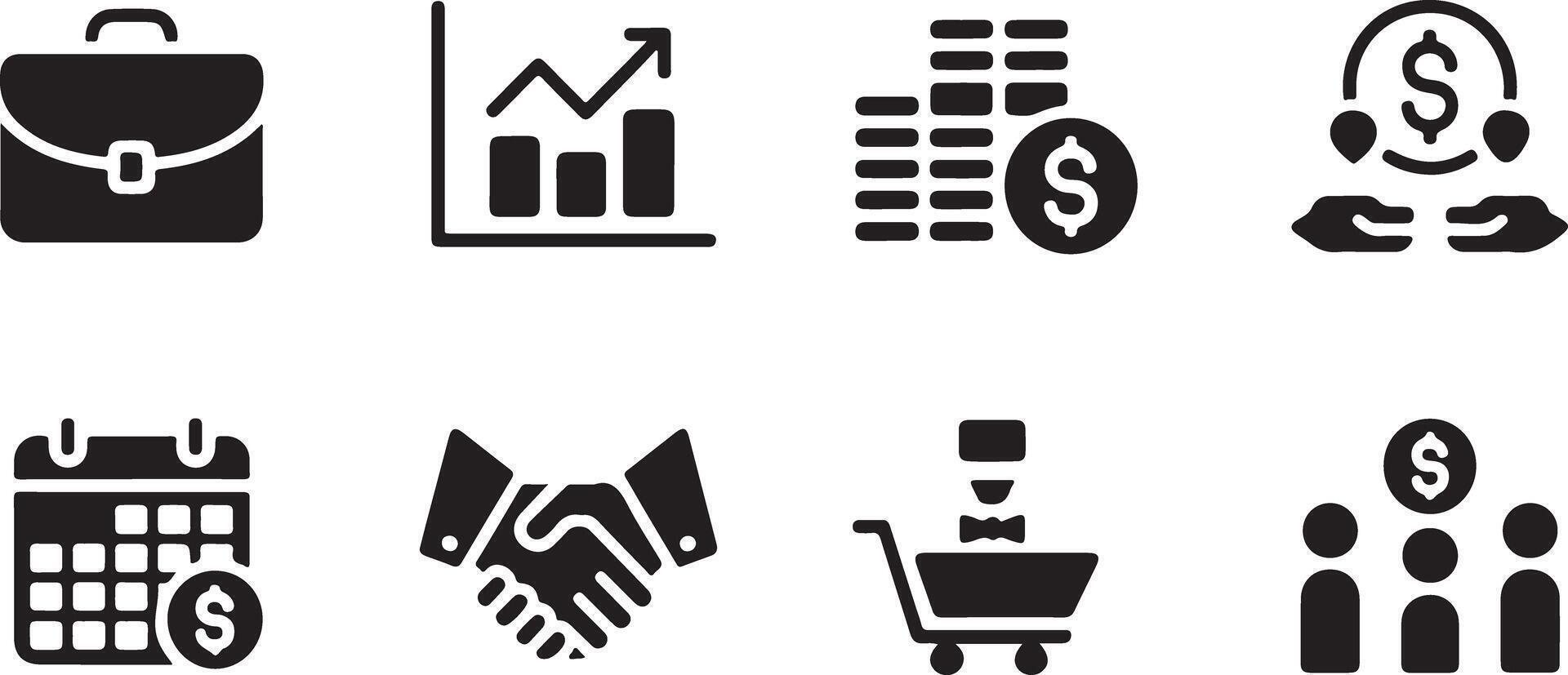 Eight Black Glyph Style Business and Finance Icons Set on White Background Including Briefcase Graph Bars Coin Stack Hands Calendar Shopping Cart and vector
