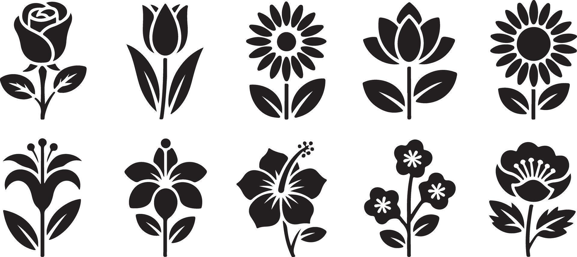 A Collection of Ten Black and White Glyph Flower Icons Rose Tulip Sunflower Lotus Hibiscus Lily and More Floral Designs Simple Flat Style vector