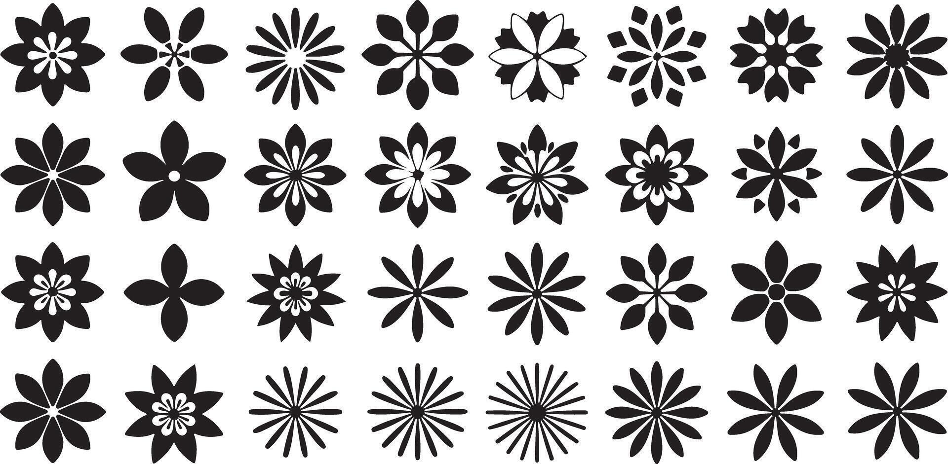 Thirty Six Black and White Flower Silhouettes Diverse Floral Designs Simple Geometric Shapes Monochrome Botanical Elements Graphic Design Elements vector