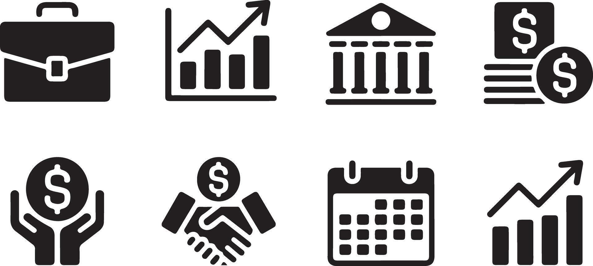 Eight Black Glyph Icons Depicting Business and Finance Concepts Including Briefcase Graph Bank Money Hands Deal Calendar Growth vector