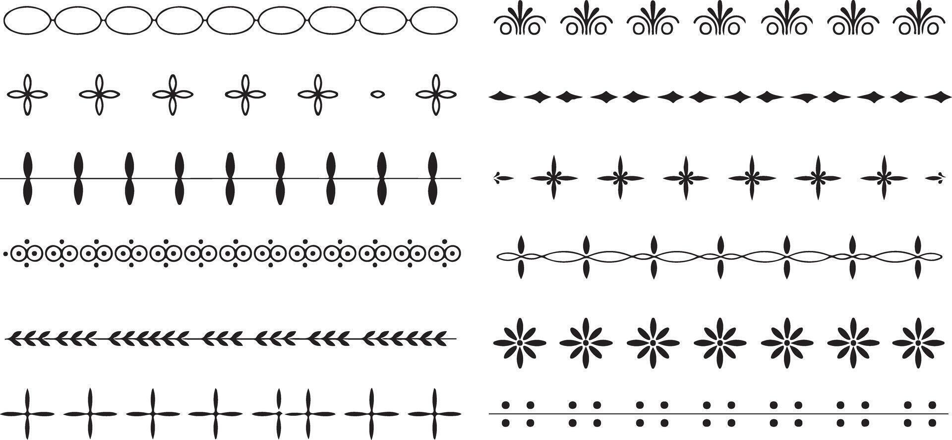 Black Silhouettes Collection of Ten Decorative Ornamental Borders Repeating Geometric and Floral Patterns for Design Projects vector