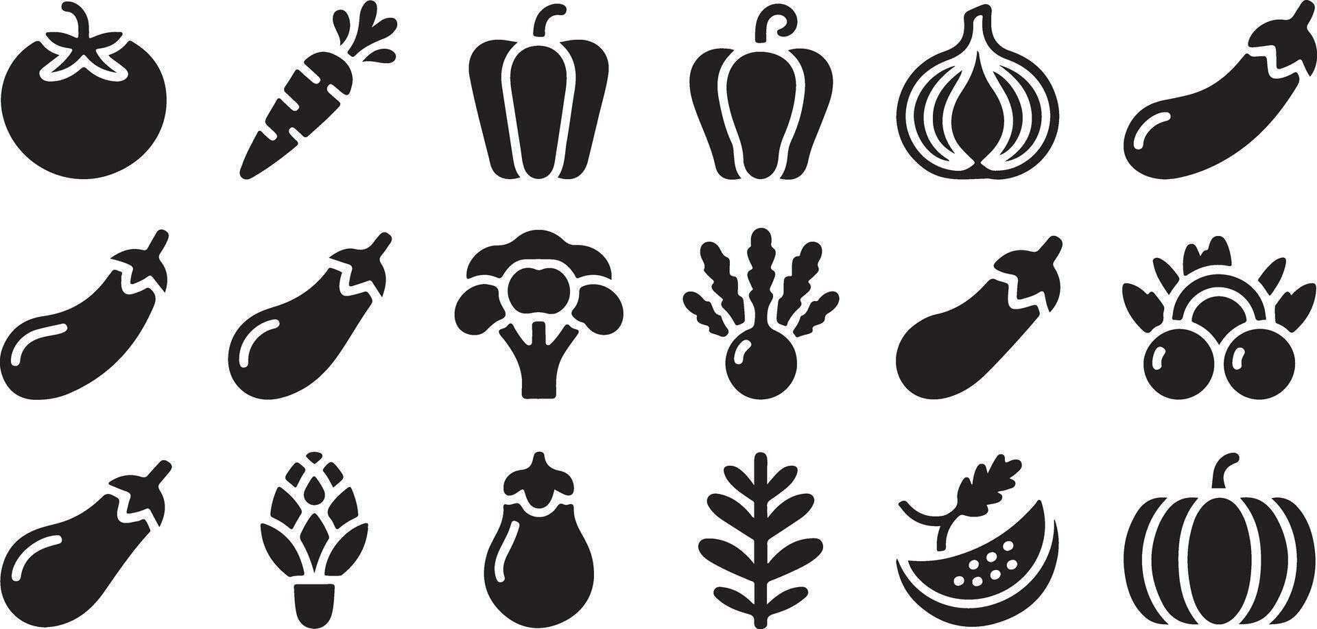 Black and White Vegetable Glyph Icon Set featuring Tomato Carrot Bell Pepper Onion Eggplant Broccoli Beet Artichoke Pumpkin Watermelon and More vector