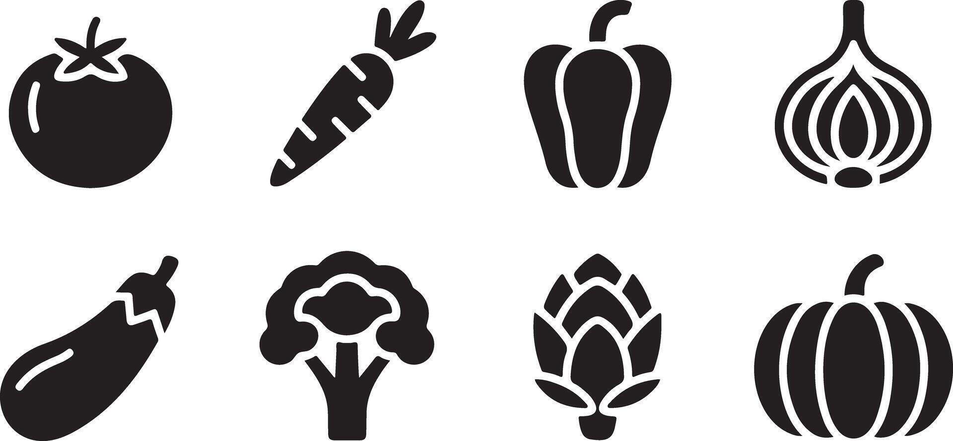 Black and White Vegetable Glyph Icon Set featuring Tomato Carrot Bell Pepper Onion Eggplant Broccoli Artichoke and Pumpkin vector