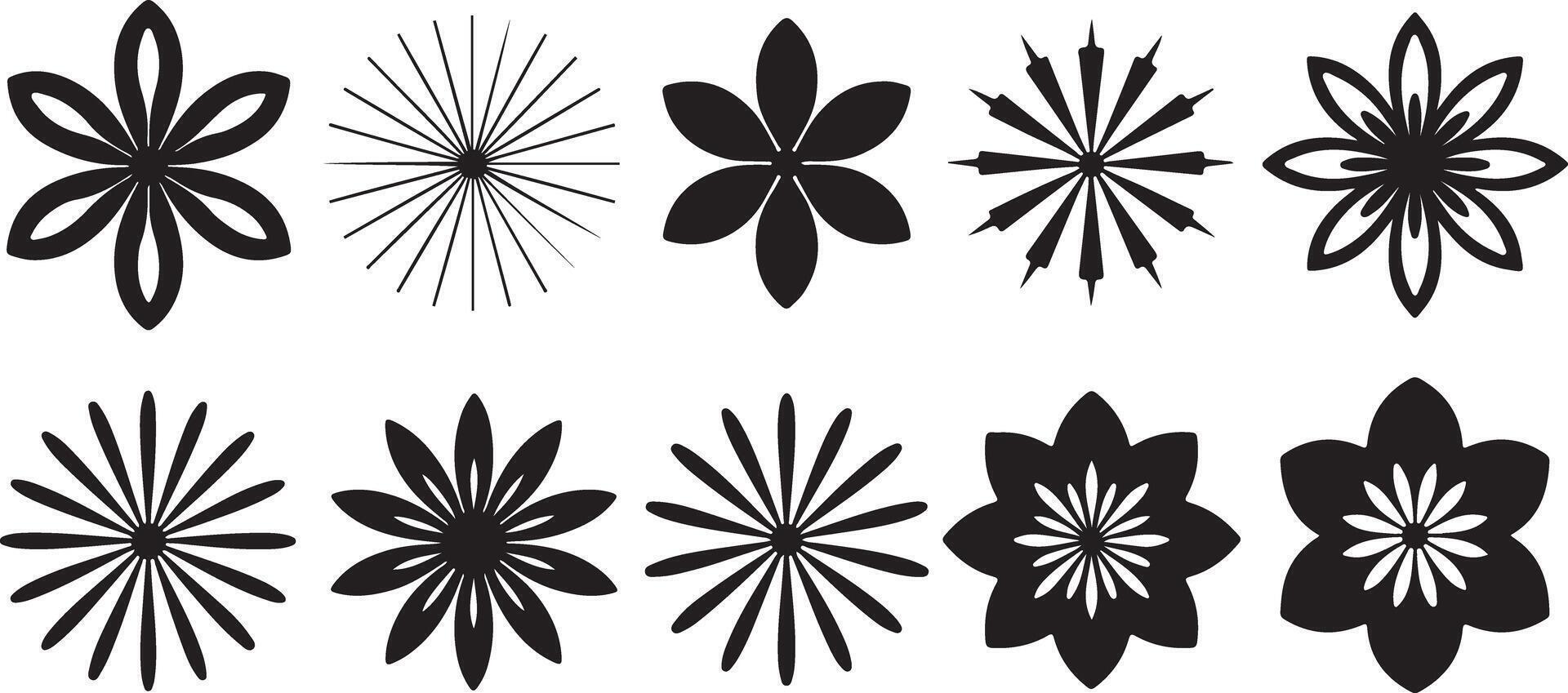 Black and White Floral Set of Twelve Traced Flower and Starburst Designs Simple Geometric Line Art Graphics Elements for Textile Print vector